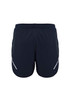 A pair of navy sports shorts featuring white detailing and an elastic waistband. Includes a logo on the back.