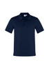 A navy blue men's short sleeve polo shirt featuring a collar and a logo on the chest.