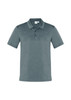 A short sleeve polo shirt in a dark grey colour with a collar and a logo on the chest.