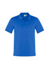 A blue short sleeve polo shirt featuring a collar and a branding logo.