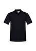 A black men's short sleeve polo shirt with a collar and a logo.