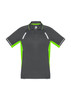 A short sleeve men's polo shirt in grey with bright green accents and detailing. It features a logo on the chest.