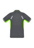 A grey short sleeve polo shirt with vibrant green accents and reflective details on the shoulders. Features a logo.