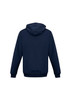 A navy men's crew zip hoodie with a hood and long sleeves, featuring a logo on the back.