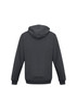 A dark grey men's crew hoodie with a hood and long sleeves, featuring a logo on the back.