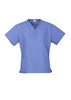 A short-sleeved scrub top in a light blue colour with a V-neck and two front pockets. It features a logo.