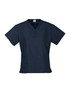 A navy scrub top featuring short sleeves and a V-neck design, with front pockets and a logo.