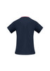 A navy scrub top with short sleeves, featuring a contrast detail along the neckline and a logo.