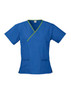 Classic women's scrub top in blue with green contrast detailing. Features a crossover design and two pockets.