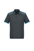 A dark green short sleeve polo shirt featuring blue accents and a patterned shoulder design. It has a branded logo.