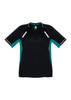 A short sleeve tee in black with teal accents and reflective detailing. It features a logo on the front.