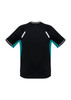 A black short sleeve tee with turquoise accents and reflective details on the shoulders, featuring a logo.