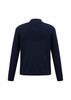 A navy blue 80/20 wool pullover featuring a ribbed texture and a high collar, with a logo on the back.