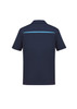 A navy short sleeve polo shirt featuring a light blue stripe and a logo on the back.