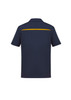 A navy blue short sleeve polo shirt featuring a yellow accent stripe on the back and a logo.
