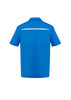 A blue short sleeve polo shirt featuring a collar and a logo on the back.