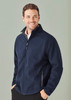 A navy soft shell jacket with a zippered front and side pockets, featuring a collar and a logo.