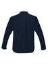 A navy soft shell jacket featuring a light grey collar, with long sleeves and a back view. It has a logo.