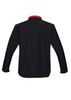 A soft shell jacket in black with a red collar, featuring long sleeves and a branded logo.