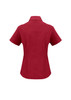 A short sleeve, button-up shirt in a deep red shade, featuring a collar and a branded logo.