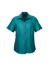 A teal short-sleeve button-up shirt with a collar and a logo on the chest.