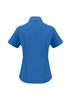 A blue ladies' short sleeve button-up shirt with a back view and a logo on the collar.