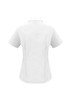 A white women's short sleeve button-up shirt with a collar, featuring a logo on the back.