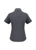 A grey short sleeve button-up shirt with a collar and fitted design, featuring a branding logo.