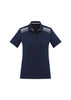 A navy women's polo shirt with short sleeves and a patterned yoke, featuring contrasting white accents and a logo.