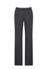A pair of women's slacks in dark grey with a straight leg design and a button closure. Features a small logo.