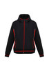 A black jacket with red accents and a hood, featuring zippered pockets and a branded logo.