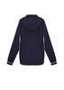 A navy blue women's jacket featuring a hood and striped cuffs, with ventilation details on the back.