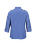 A blue 3/4 sleeve shirt with a collar and a simple design, featuring a logo on the back.