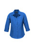 A blue ladies' shirt with 3/4 sleeves, featuring a collar and button-up front. It includes a logo.