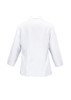 A plain white ladies' shirt with 3/4 sleeves and a back view, featuring a subtle collar and a logo.
