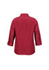 A red women's 3/4 sleeve shirt with a collar and a back view design. It features a logo on the fabric.
