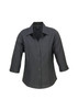 A grey women's 3/4 sleeve shirt with a collared neckline and button-down front. It features a branding logo.