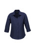 A women's navy 3/4 sleeve shirt with a front button closure and a collar, featuring a logo.