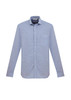 A long sleeve button-up shirt in light blue with a chest pocket and a logo.