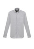 A grey long sleeve button-up shirt with a single chest pocket and a logo.