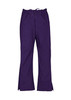 A pair of purple bootleg scrub pants with an elastic waistband and side pockets. The pants have a logo.