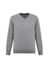 A grey knitted pullover featuring a V-neck design and ribbed cuffs. It has a small logo present.