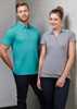 A short sleeve polo shirt in teal for men and light grey for women, featuring a logo on the chest.