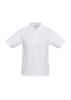 A white short sleeve polo shirt with a collar and logo. Suitable for casual and active wear.