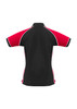A women's short sleeve polo in black with red and white accents. Features a logo on the front.