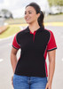 A black and red women's polo shirt with short sleeves and a contrasting trim, featuring a logo.