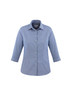 A women's blue button-up shirt with 3/4 sleeves and a collar, featuring a subtle pattern and a logo.
