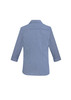 A blue and white checkered women's Jagger 3/4 sleeve button-up shirt with a classic collar and a logo on the back.