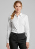 A white women's button-up shirt with long sleeves, featuring a classic collar and a branding logo.