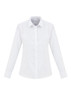 A white women's button-up shirt with long sleeves and a classic collar. It features a branded logo.